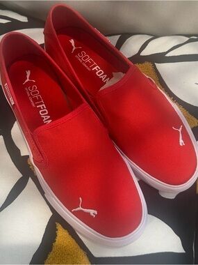 Puma Bright Red Slip-On Canvas Sneakers with White Logo